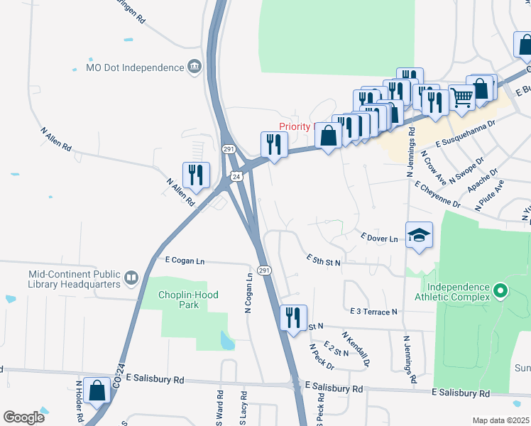 map of restaurants, bars, coffee shops, grocery stores, and more near 658 North Spring Lake Drive in Independence