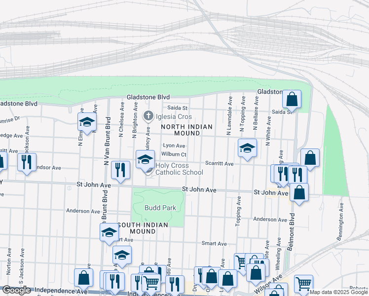 map of restaurants, bars, coffee shops, grocery stores, and more near 5232 Lyon Avenue in Kansas City
