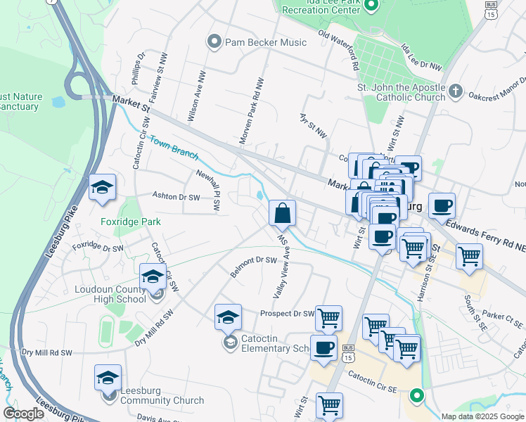 map of restaurants, bars, coffee shops, grocery stores, and more near 318 Rock Spring Drive Southwest in Leesburg