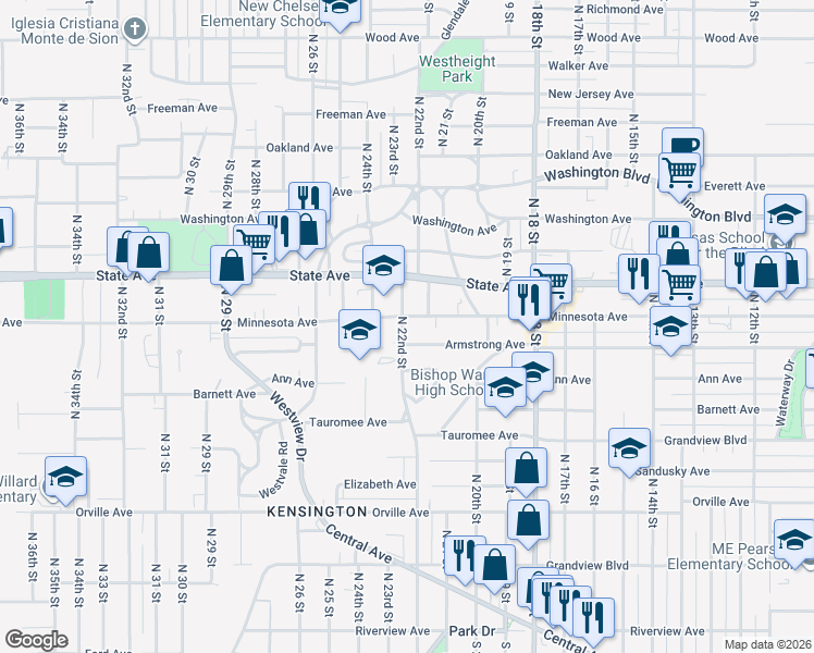 map of restaurants, bars, coffee shops, grocery stores, and more near 2121 Minnesota Avenue in Kansas City