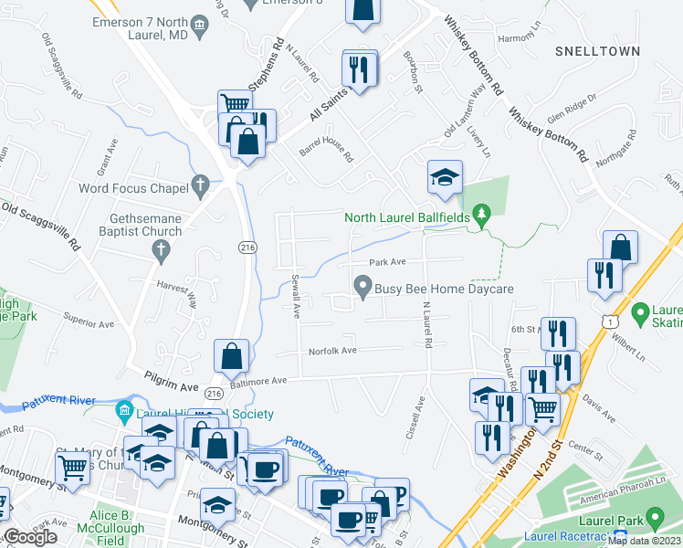 map of restaurants, bars, coffee shops, grocery stores, and more near 9254 Fulton Avenue in Laurel