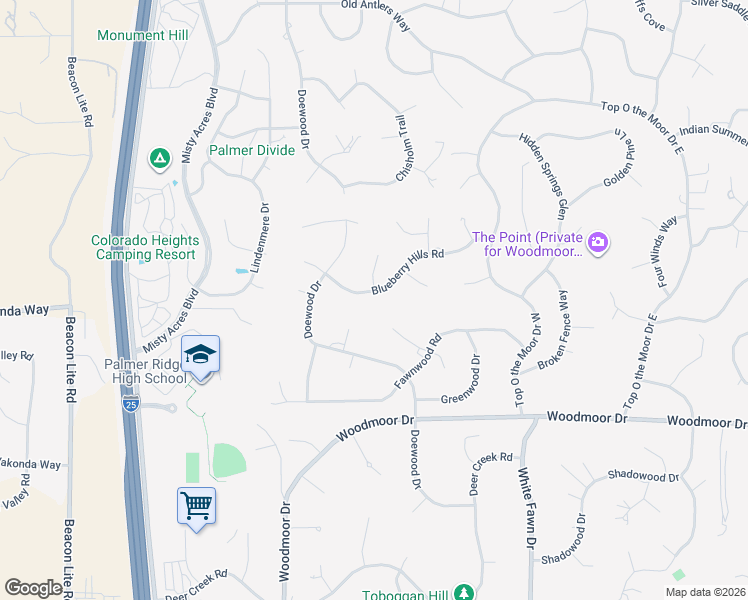 map of restaurants, bars, coffee shops, grocery stores, and more near 1495 Blueberry Hills Road in Monument