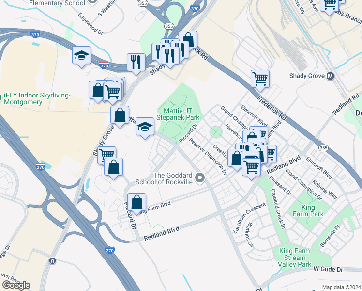 map of restaurants, bars, coffee shops, grocery stores, and more near 1705 Piccard Drive in Rockville