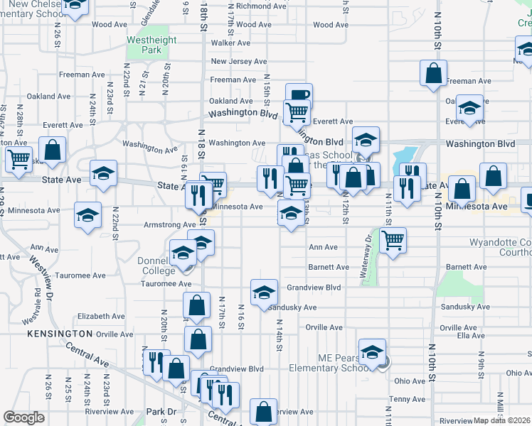 map of restaurants, bars, coffee shops, grocery stores, and more near 1417 Minnesota Avenue in Kansas City