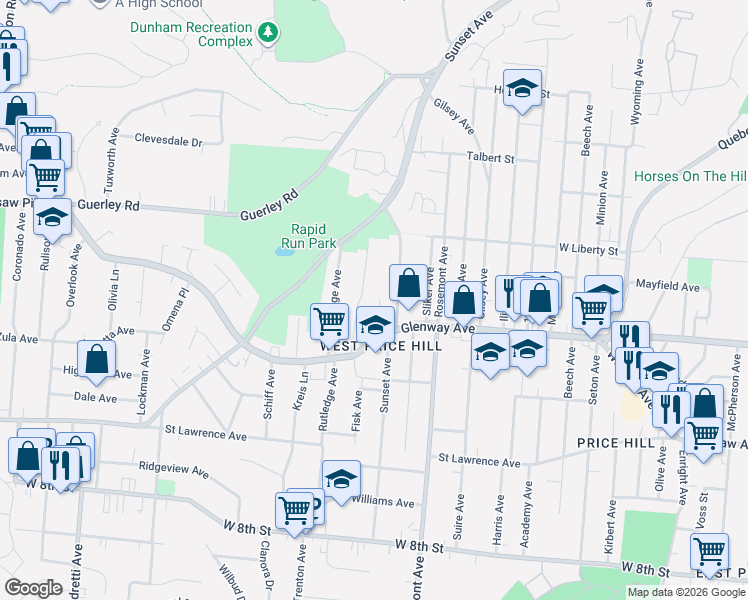 map of restaurants, bars, coffee shops, grocery stores, and more near 1261 Mckeone Avenue in Cincinnati