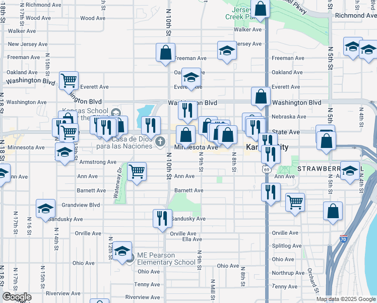 map of restaurants, bars, coffee shops, grocery stores, and more near 916 Minnesota Avenue in Kansas City