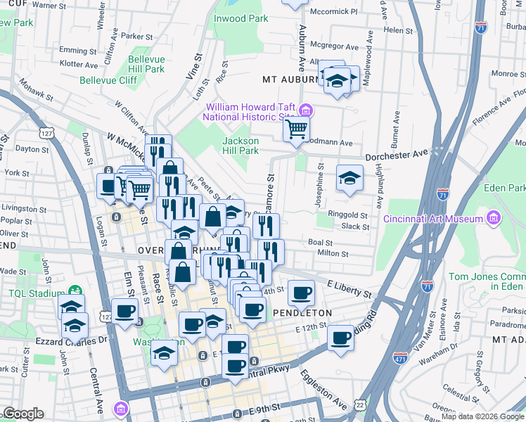 map of restaurants, bars, coffee shops, grocery stores, and more near 307 Seitz Street in Cincinnati