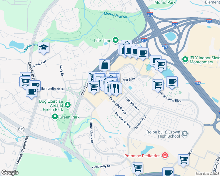 map of restaurants, bars, coffee shops, grocery stores, and more near 130 Crown Park Avenue in Gaithersburg