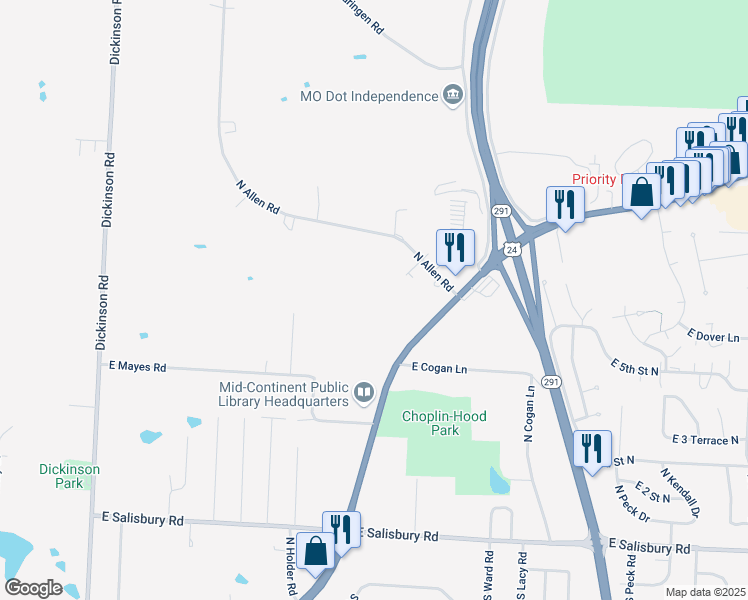 map of restaurants, bars, coffee shops, grocery stores, and more near 15710 East US Highway 24 in Independence