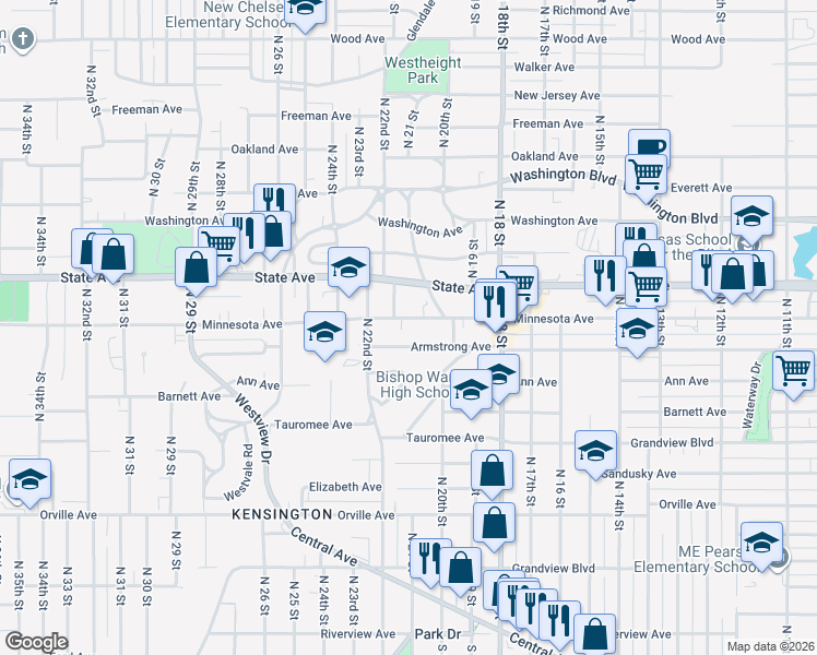 map of restaurants, bars, coffee shops, grocery stores, and more near 1881 Minnesota Avenue in Kansas City