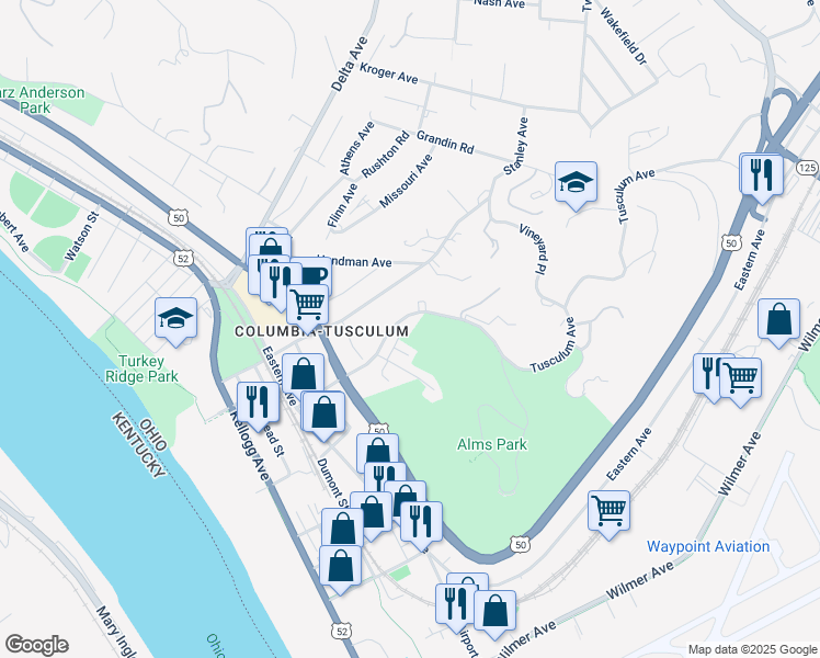 map of restaurants, bars, coffee shops, grocery stores, and more near 550 Tusculum Avenue in Cincinnati