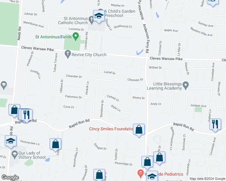 map of restaurants, bars, coffee shops, grocery stores, and more near 5429 Boutique Court in Cincinnati