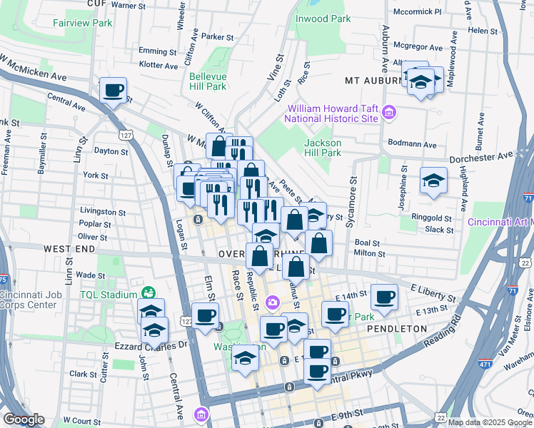map of restaurants, bars, coffee shops, grocery stores, and more near 1669 Hamer Street in Cincinnati