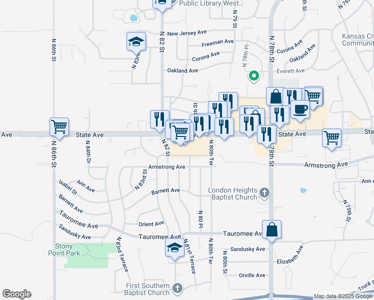 map of restaurants, bars, coffee shops, grocery stores, and more near 8021 State Ave in Kansas City