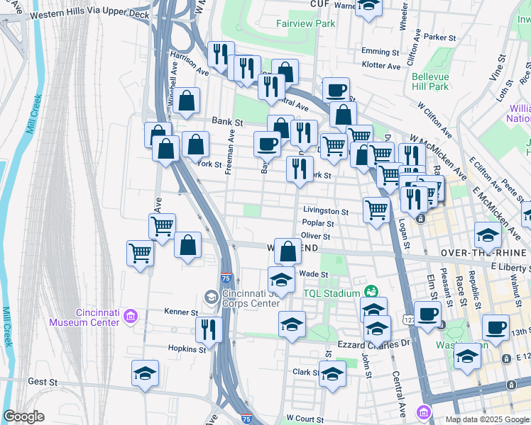 map of restaurants, bars, coffee shops, grocery stores, and more near 1727 Baymiller Street in Cincinnati