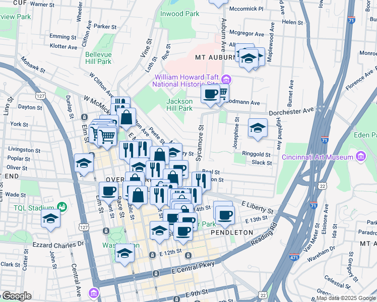 map of restaurants, bars, coffee shops, grocery stores, and more near 314 Mulberry Street in Cincinnati