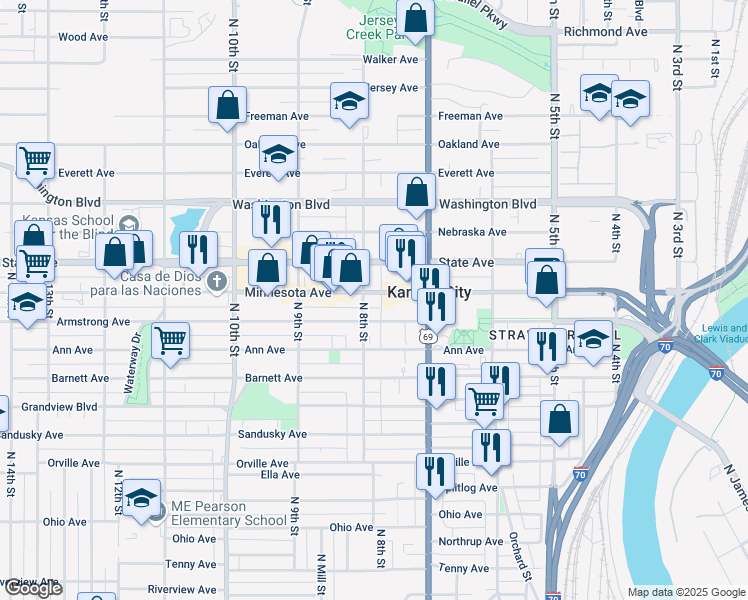 map of restaurants, bars, coffee shops, grocery stores, and more near 749 Minnesota Avenue in Kansas City