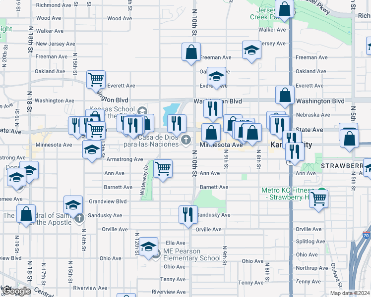 map of restaurants, bars, coffee shops, grocery stores, and more near 1013 Minnesota Avenue in Kansas City