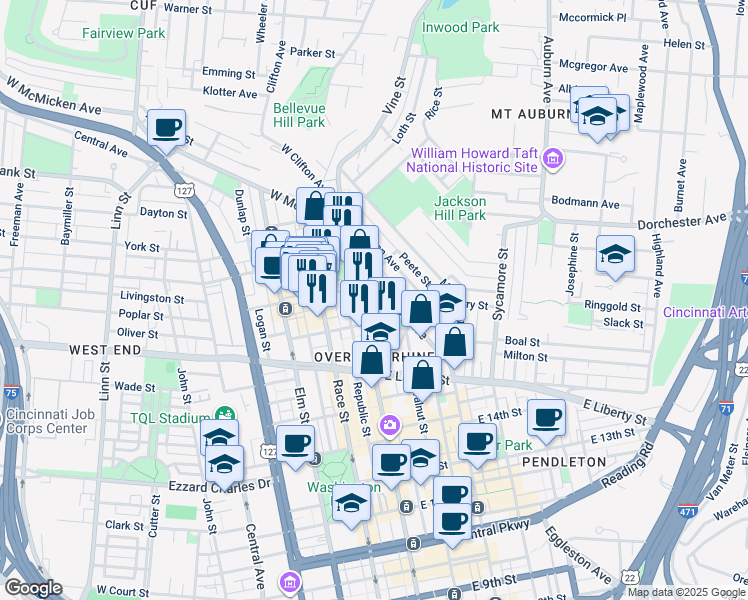 map of restaurants, bars, coffee shops, grocery stores, and more near Benton Street in Cincinnati