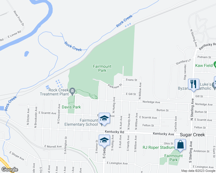 map of restaurants, bars, coffee shops, grocery stores, and more near 327 North Cedar Avenue in Independence