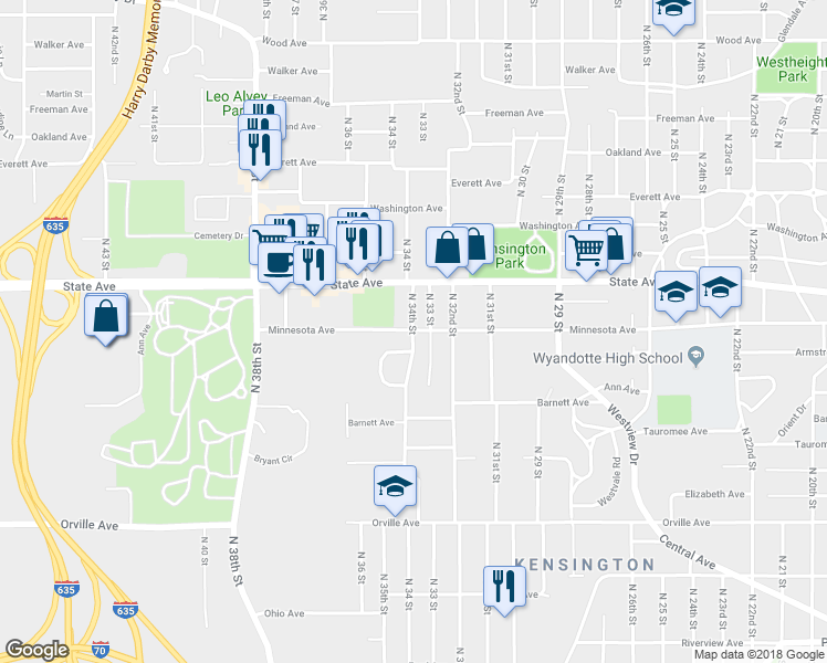 map of restaurants, bars, coffee shops, grocery stores, and more near Minnesota Ave & N 34th St in Kansas City