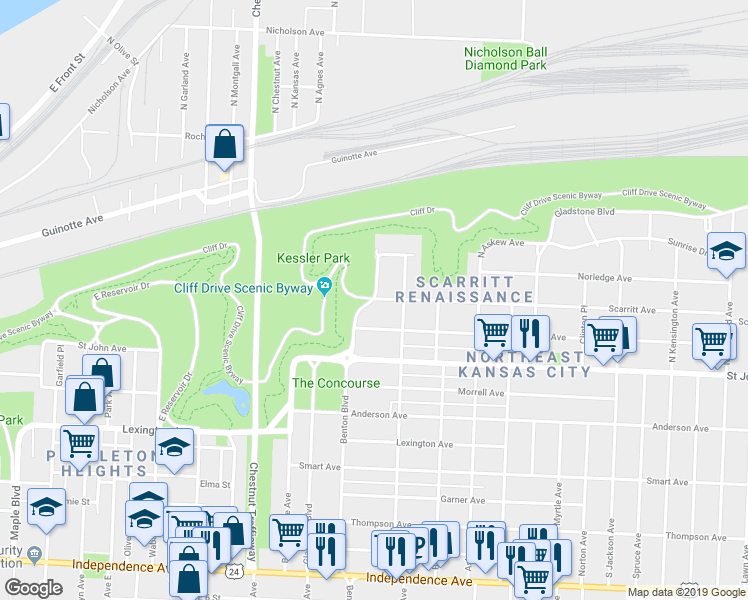 map of restaurants, bars, coffee shops, grocery stores, and more near 307 North Gladstone Boulevard in Kansas City