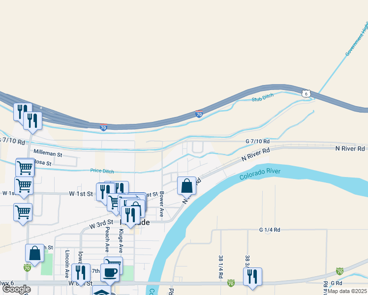 map of restaurants, bars, coffee shops, grocery stores, and more near 103 Bacon Court in Palisade