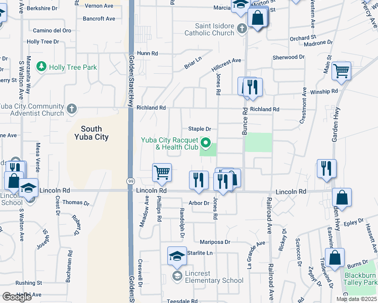 map of restaurants, bars, coffee shops, grocery stores, and more near 859 Jones Road in Yuba City