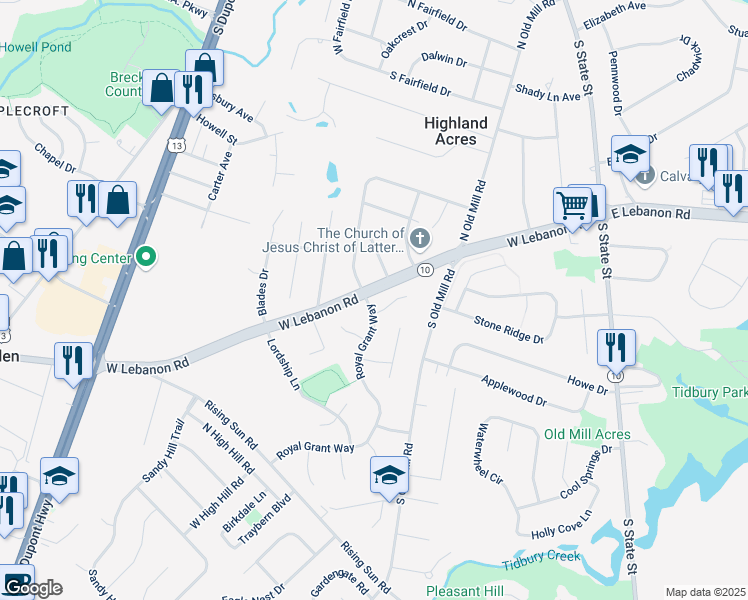 map of restaurants, bars, coffee shops, grocery stores, and more near 21 Victoria Circle in Dover