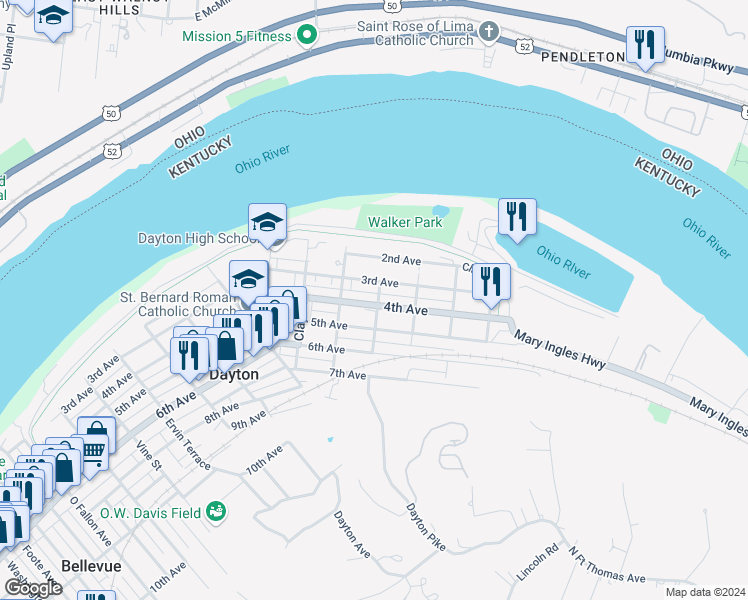 map of restaurants, bars, coffee shops, grocery stores, and more near 311 Boone Street in Dayton
