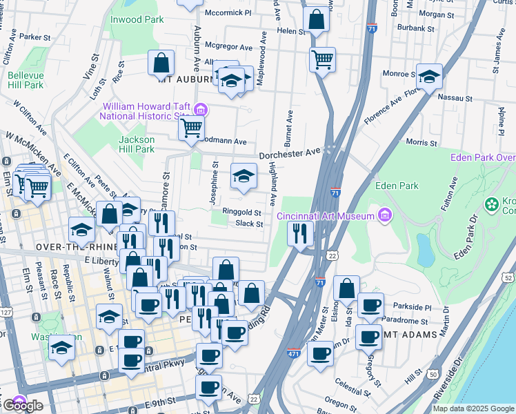 map of restaurants, bars, coffee shops, grocery stores, and more near 1815 Highland Avenue in Cincinnati
