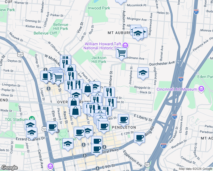 map of restaurants, bars, coffee shops, grocery stores, and more near 307 Seitz Street in Cincinnati
