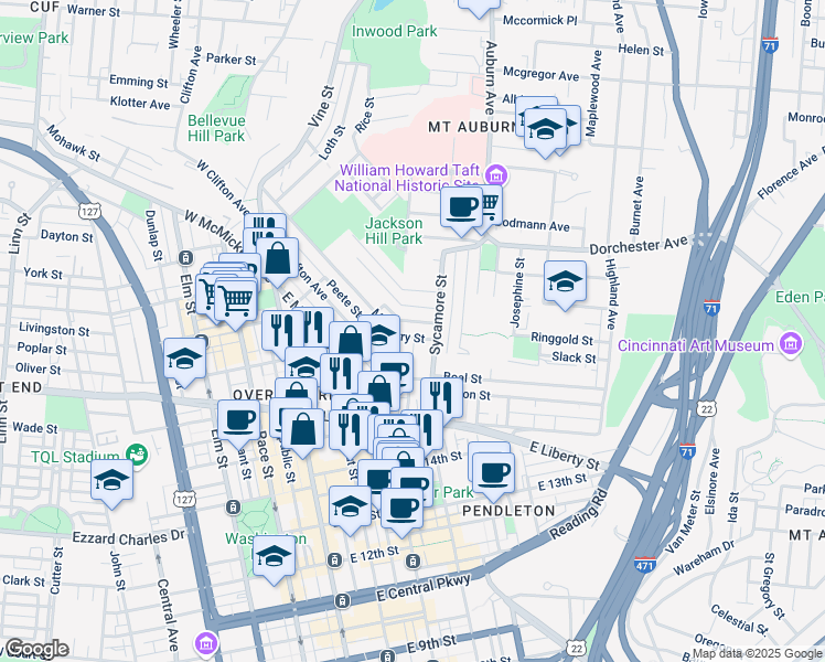 map of restaurants, bars, coffee shops, grocery stores, and more near 307 Seitz Street in Cincinnati