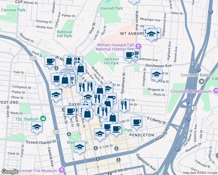 map of restaurants, bars, coffee shops, grocery stores, and more near 206 Peete Street in Cincinnati
