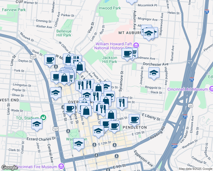 map of restaurants, bars, coffee shops, grocery stores, and more near 206 Peete Street in Cincinnati