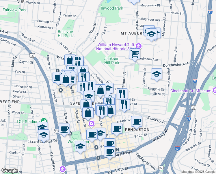 map of restaurants, bars, coffee shops, grocery stores, and more near 206 Peete Street in Cincinnati