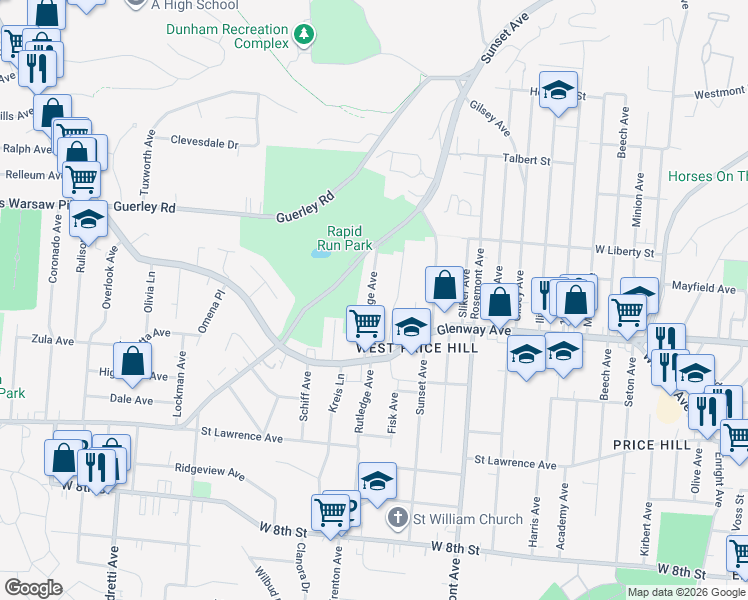 map of restaurants, bars, coffee shops, grocery stores, and more near 1261 Rutledge Avenue in Cincinnati
