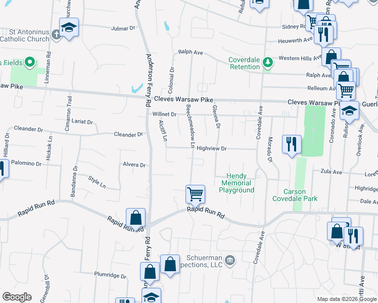map of restaurants, bars, coffee shops, grocery stores, and more near 5259 Highview Drive in Cincinnati