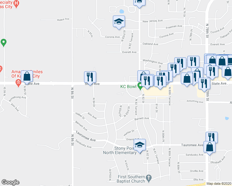 map of restaurants, bars, coffee shops, grocery stores, and more near 8254 Monroe Drive in Kansas City