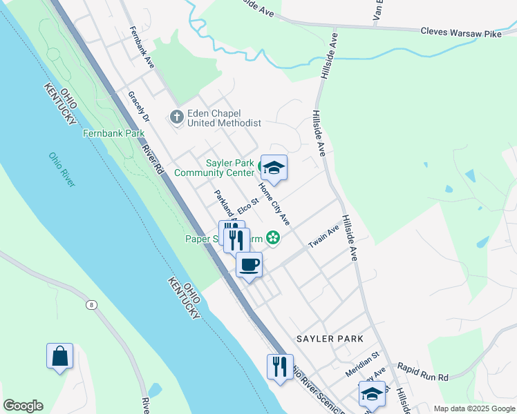 map of restaurants, bars, coffee shops, grocery stores, and more near 160 Elco Street in Cincinnati