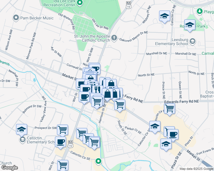 map of restaurants, bars, coffee shops, grocery stores, and more near 2 Church Street Northeast in Leesburg