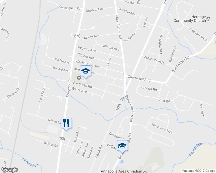 map of restaurants, bars, coffee shops, grocery stores, and more near 8103 Beverly Road in Severn