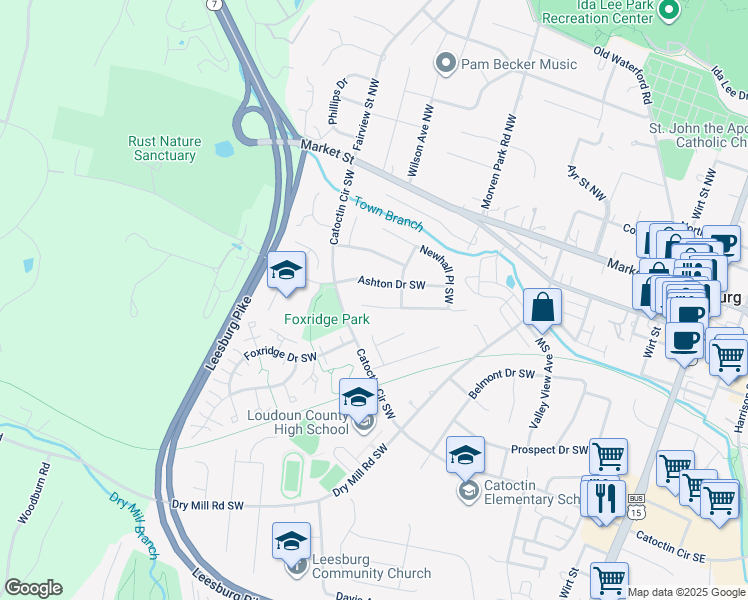 map of restaurants, bars, coffee shops, grocery stores, and more near 208 Wingate Place Southwest in Leesburg