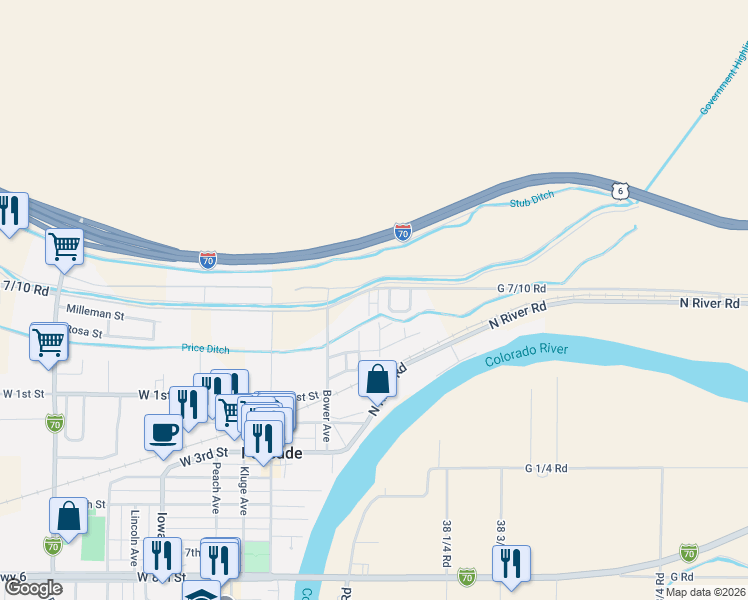 map of restaurants, bars, coffee shops, grocery stores, and more near 103 Bacon Court in Palisade