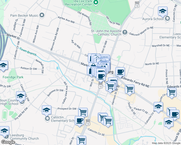 map of restaurants, bars, coffee shops, grocery stores, and more near 16 Liberty Street Southwest in Leesburg