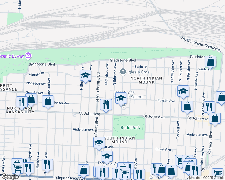 map of restaurants, bars, coffee shops, grocery stores, and more near 320 North Brighton Avenue in Kansas City
