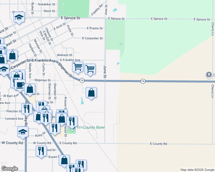 map of restaurants, bars, coffee shops, grocery stores, and more near 501 June Street in Jerseyville