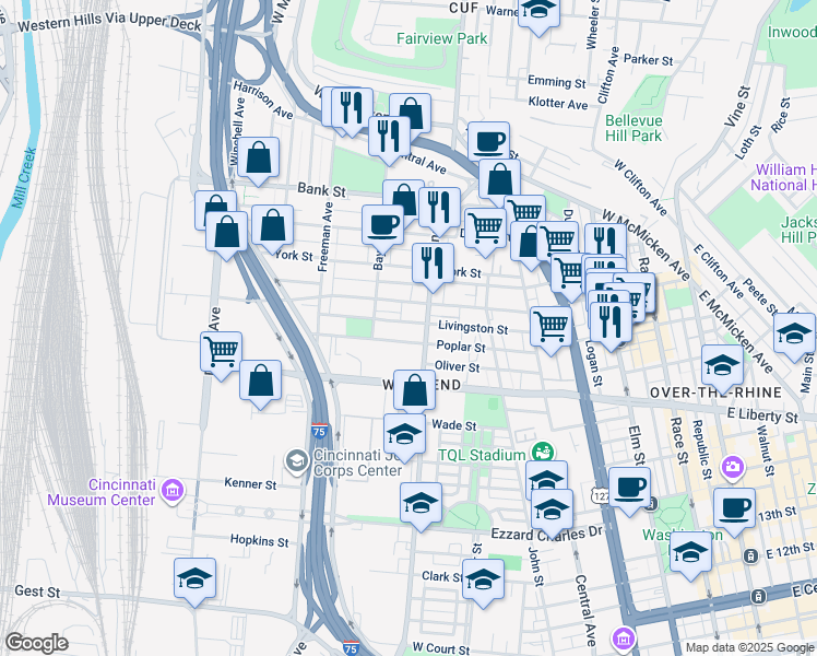 map of restaurants, bars, coffee shops, grocery stores, and more near 817 Livingston Street in Cincinnati