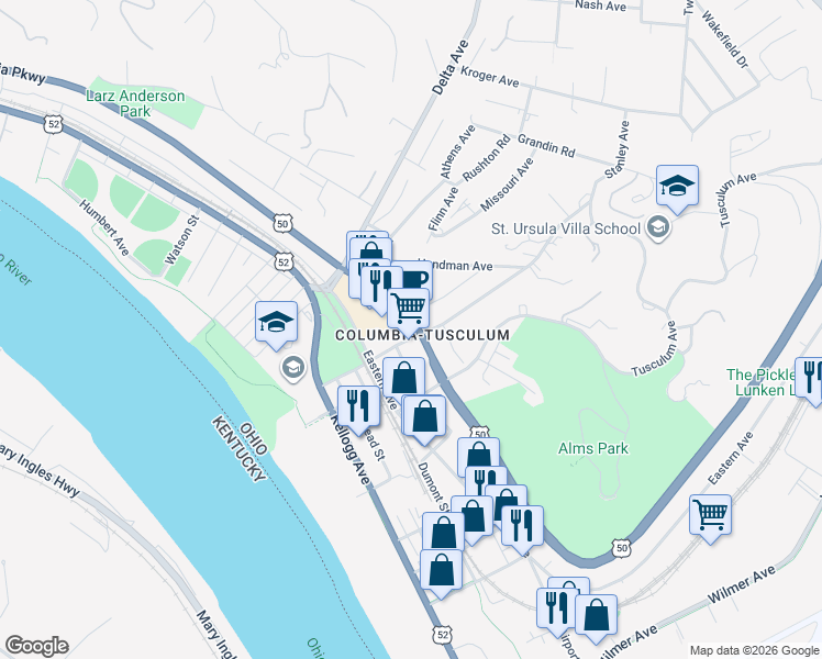 map of restaurants, bars, coffee shops, grocery stores, and more near in Cincinnati