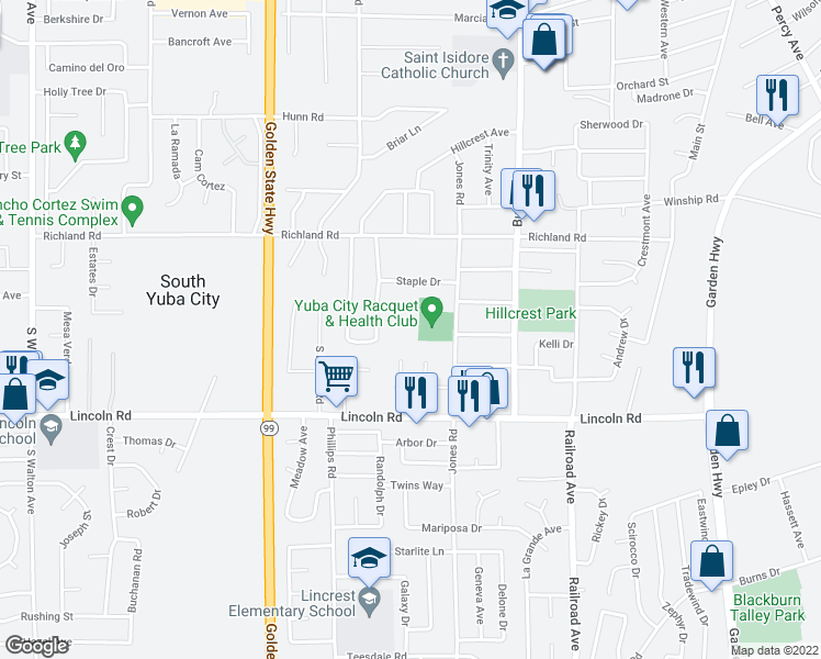 map of restaurants, bars, coffee shops, grocery stores, and more near 859 Jones Road in Yuba City